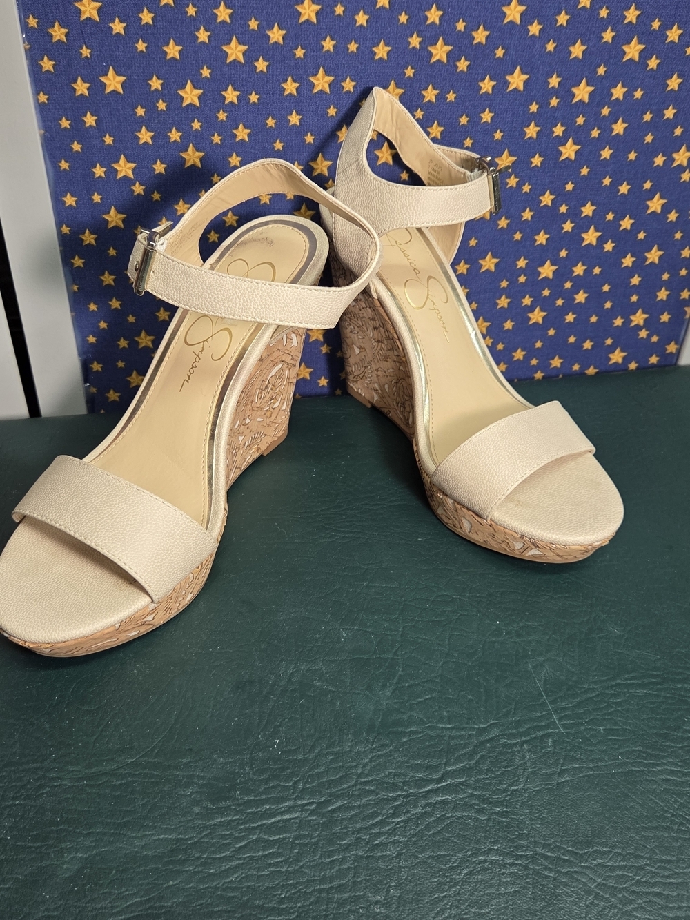 **Jessica Simpson Neutral Beige Cork Wedge Sandals with Ankle Strap**